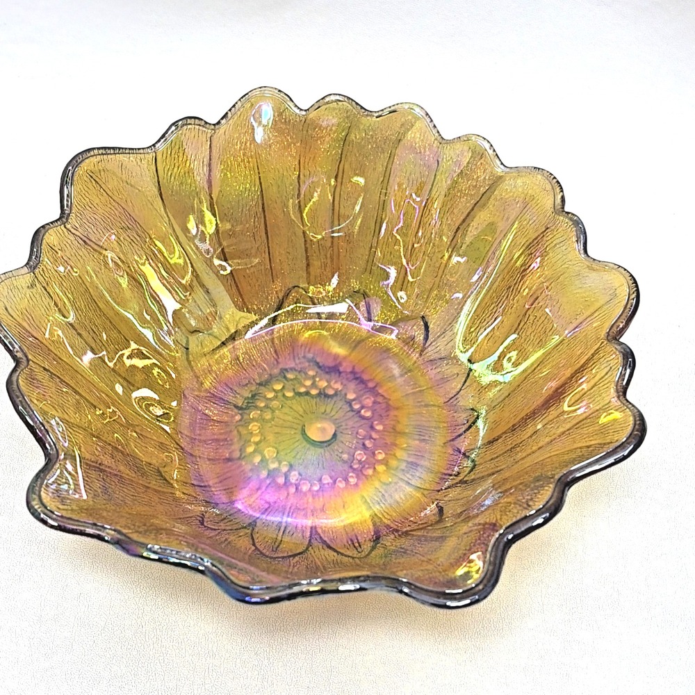 Indiana Carnival Glass Amber Pink Lily Pons Trinket Bowl Marigold Vtg Iridescent